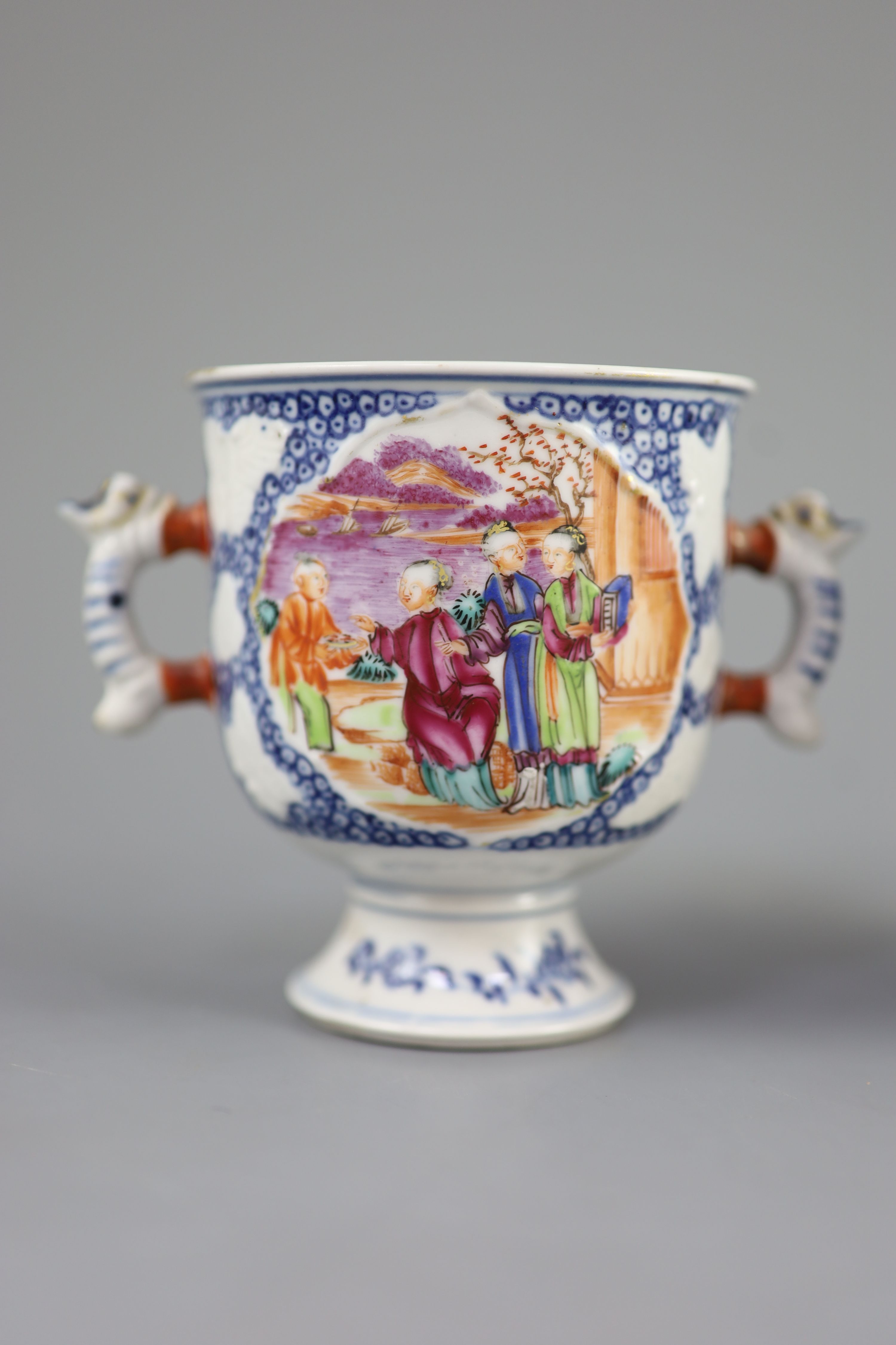 A pair of Chinese famille rose two handled cups, Qianlong period, 9.5cm high, slight faults